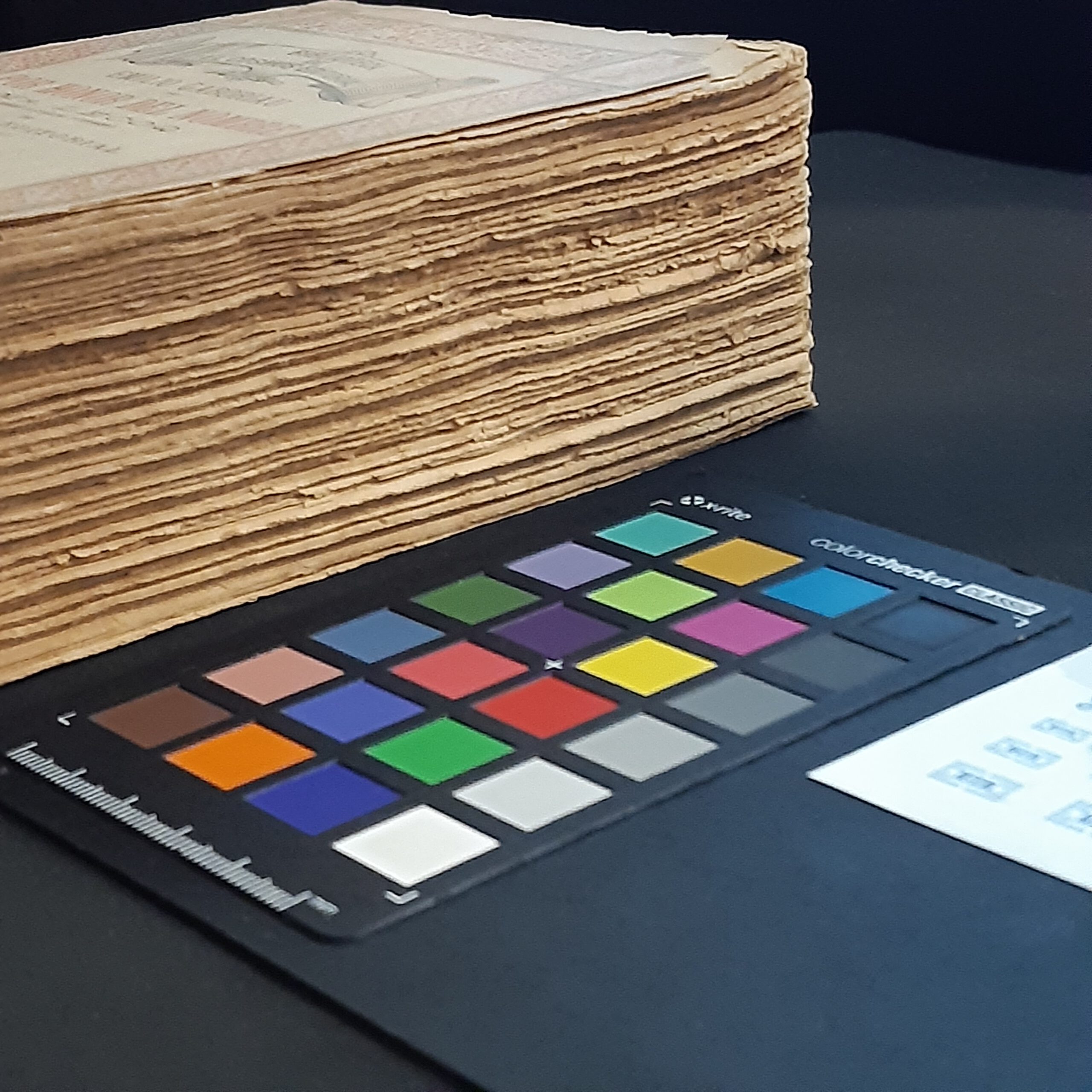 Historisches Buch mit Farbtafel bei der Digitalisierung