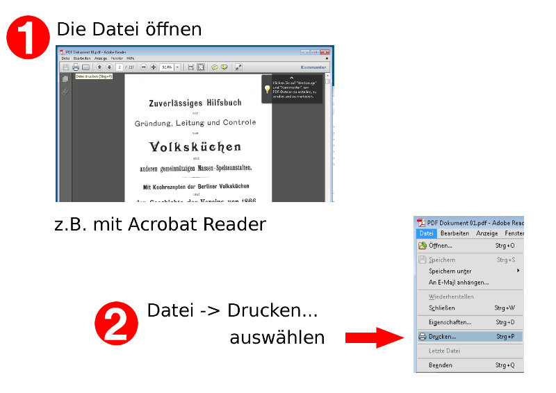 Schritte 1 und 2: PDF-Datei öffnen und im Menü „Datei“ den Befehl „Drucken“ auswählen