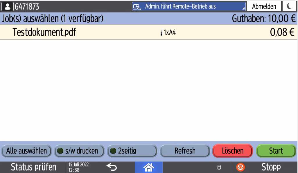 Druckjob-Liste mit den Optionen Schwarz-Weiß, zweiseitig und Start