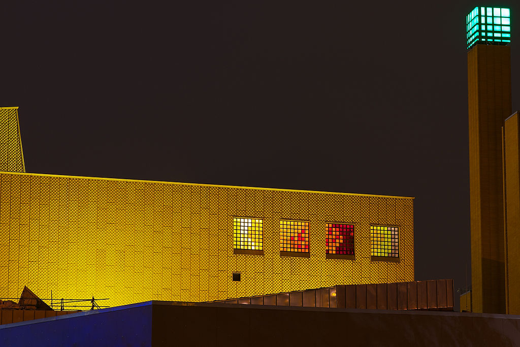 Illuminated façade of Stabi Berlin on Potsdamer Straße