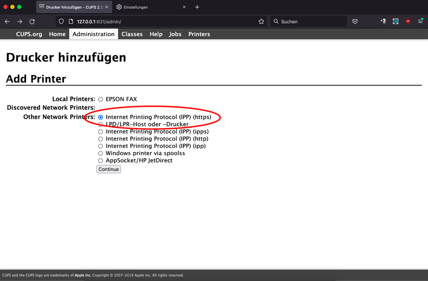CUPS-Seite „Drucker hinzufügen“ mit ausgewähltem „Internet Printing Protocol (https)“