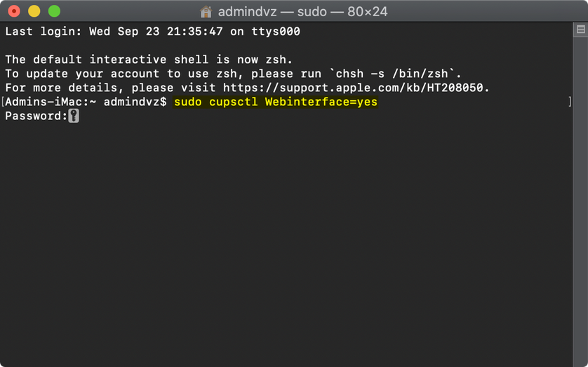 Terminal mit dem Befehl „sudo cupsctl WebInterface=yes“