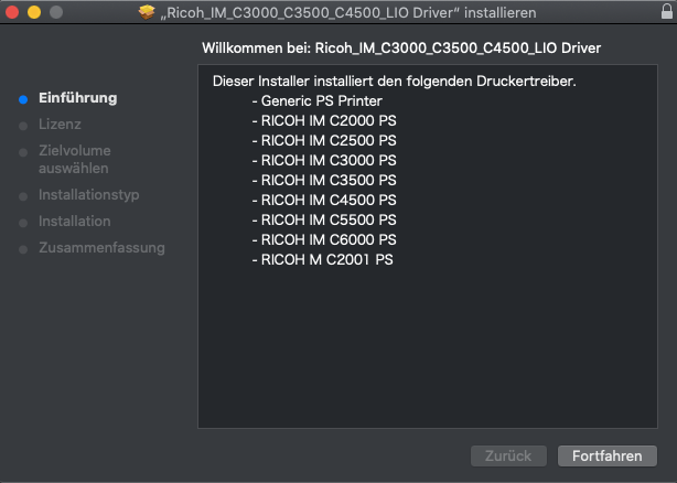 Startseite der Ricoh-Treiberinstallation mit Schaltfläche „Fortfahren“