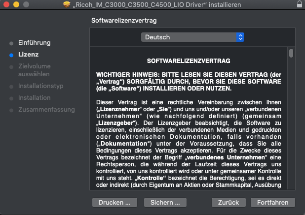 Softwarelizenzvertrag der Ricoh-Treiberinstallation