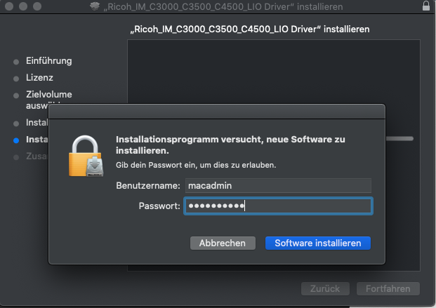 macOS-Dialog zur Eingabe des Admin-Passworts für die Treiberinstallation