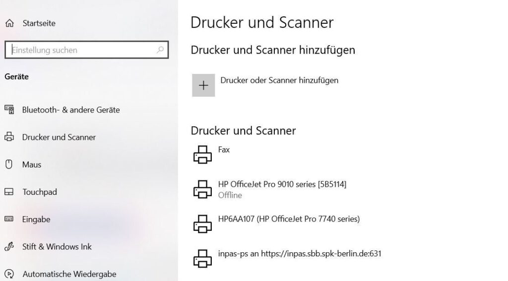 Windows-Liste „Drucker und Scanner“ mit installiertem Netzwerkdrucker „inpas-ps“
