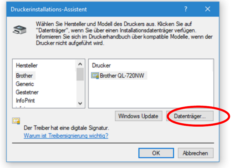 Druckerinstallations-Assistent mit markierter Schaltfläche „Datenträger“