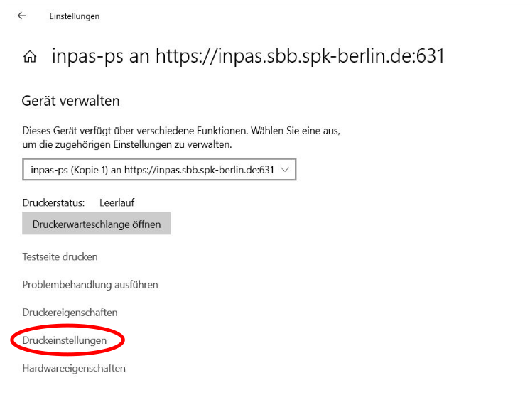 Windows-Geräteverwaltung mit markiertem Eintrag „Druckeinstellungen“