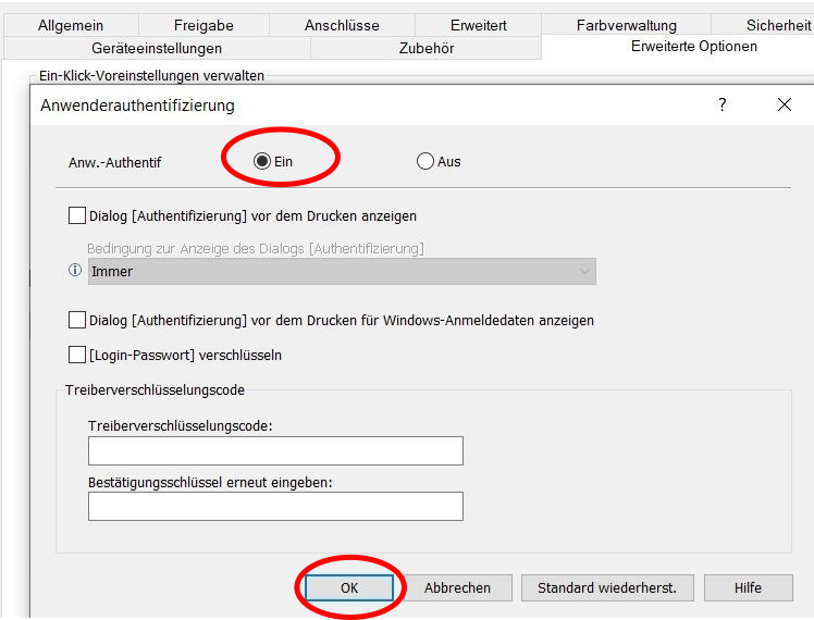 Dialog „Anwenderauthentifizierung“ mit aktivierter Option „Ein“