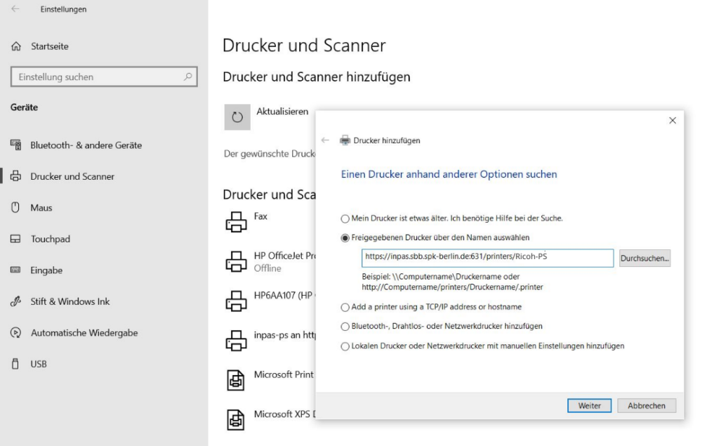 Dialog „Drucker hinzufügen“ mit eingetragener Netzwerkadresse des Ricoh-Druckers