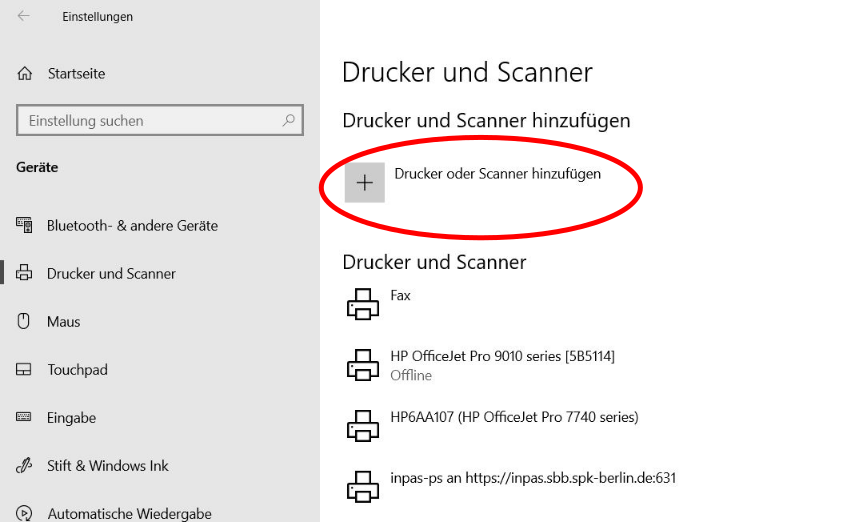 Windows-Einstellungen „Drucker und Scanner“ mit Schaltfläche „Drucker oder Scanner hinzufügen“