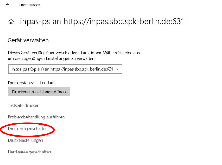 Windows-Geräteverwaltung mit markiertem Eintrag „Druckereigenschaften“