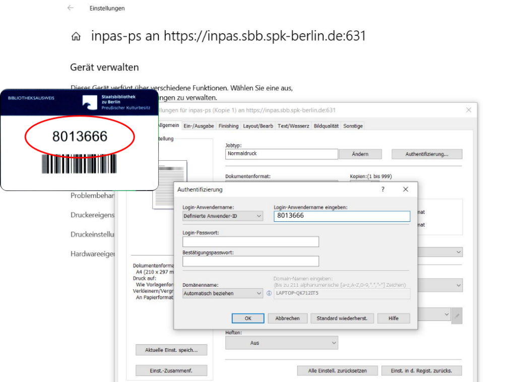 Authentifizierungsdialog mit ausgewählter „Definierter Anwender-ID“ und eingetragener Kopierkartennummer