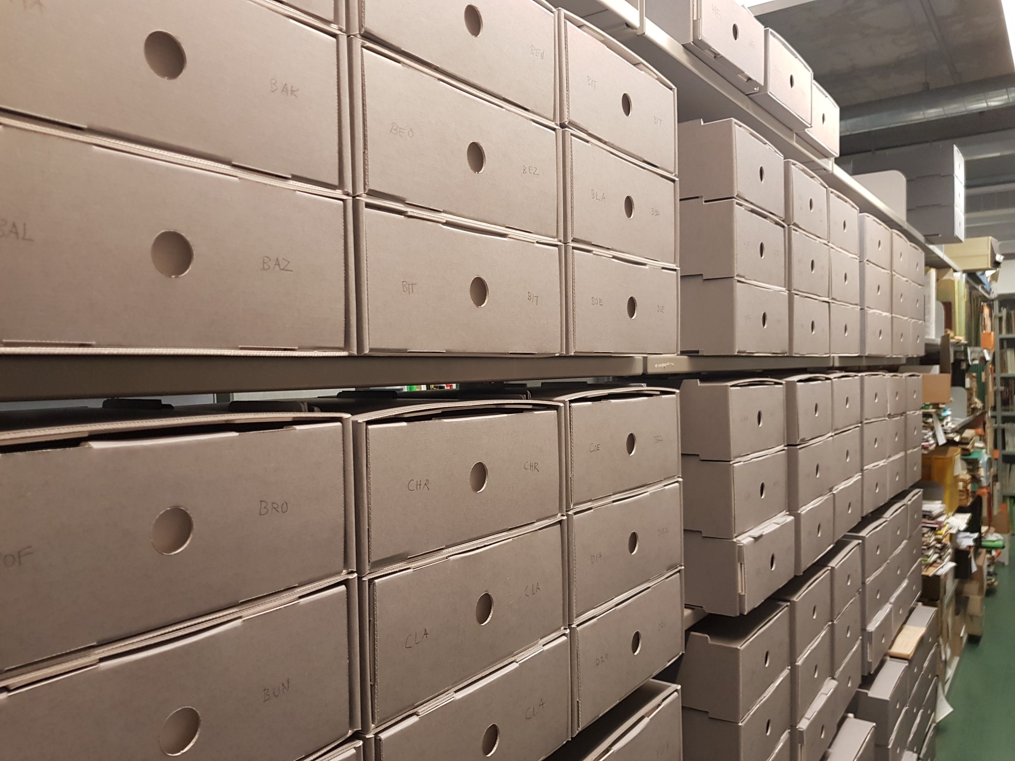 Reihen von Archivkartons im Magazin der Deutschen Gartenbaubibliothek